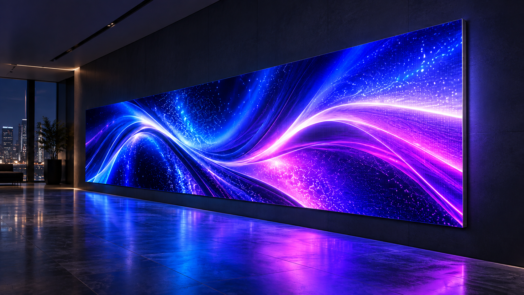 VIVIDUS EP1.9 slim indoor LED wall in a cinematic executive-lobby installation. Promotional installation visualization based on published product specifications.